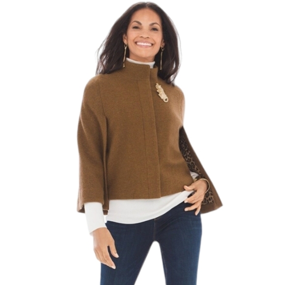 Chico's Inner Beauty Cape 100% Wool Size 1 Leopard Lining Hidden Button Front - Picture 1 of 14